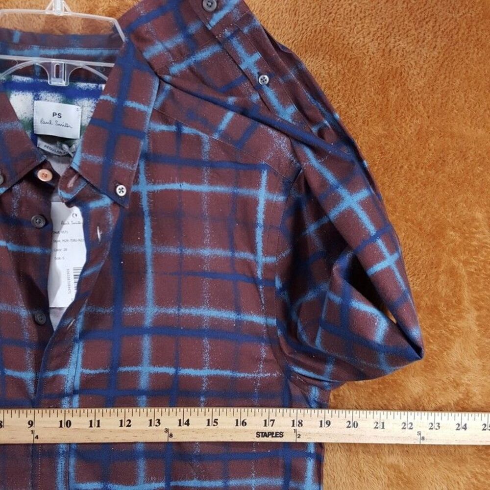PAUL SMITH Shirt Mens Small Burgundy Check Button Up Contrast Cuff Regular Fit - Picture 6 of 8